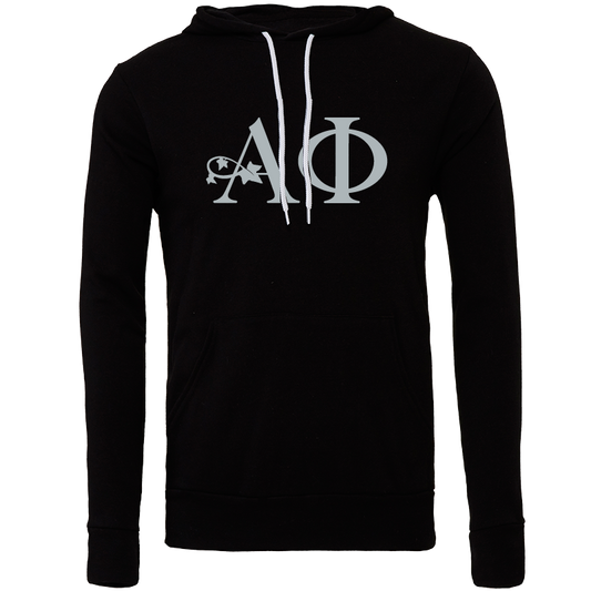 Black hoodie with white logo on a white background