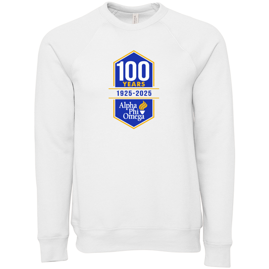 White sweatshirt with a blue and yellow logo celebrating 100 years of Alpha Phi Omega on a white background.