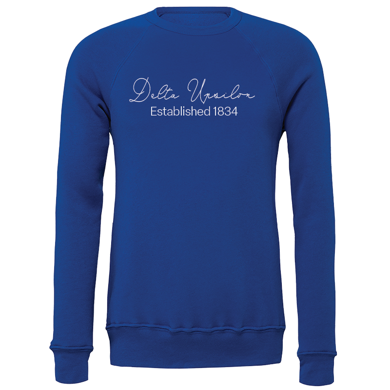 Delta Upsilon Embroidered Scripted Name Crewneck Sweatshirts