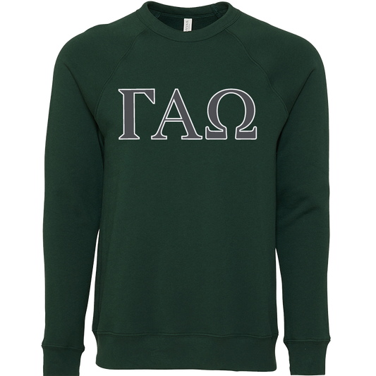 A dark green crewneck sweatshirt featuring the Greek letters Gamma Alpha (ΓΧΩ) printed across the chest in white with a thin black outline.