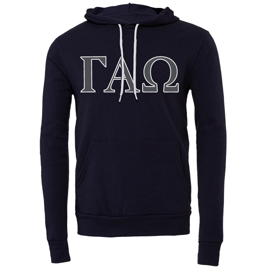 A navy blue pullover hoodie with white drawstrings and a white Greek letter graphic 'ΓΦΩ' printed on the chest, displayed on a clean white background.