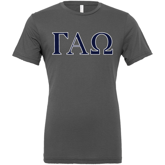 A dark gray crewneck t-shirt featuring the Greek letters Gamma Alpha (ΓΧΩ) printed across the chest in navy blue with a white outline.