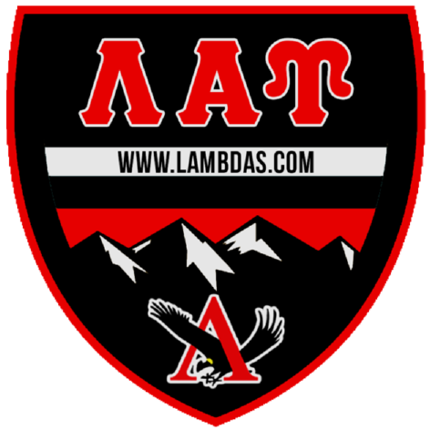 Logo with red and white text on a black background, featuring mountains and an eagle.