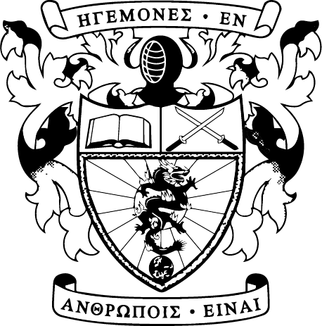 Coat of arms with a shield, helmet, and motto at the top and bottom