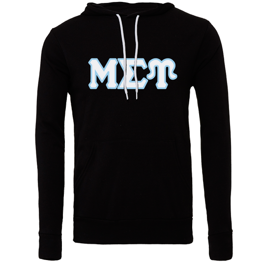 A black long-sleeve hoodie with white drawstrings and a large light blue and white 'MCT' graphic across the chest, shown against a plain white background.