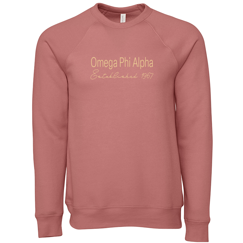 Omega Phi Alpha Embroidered Printed Name Crewneck Sweatshirts
