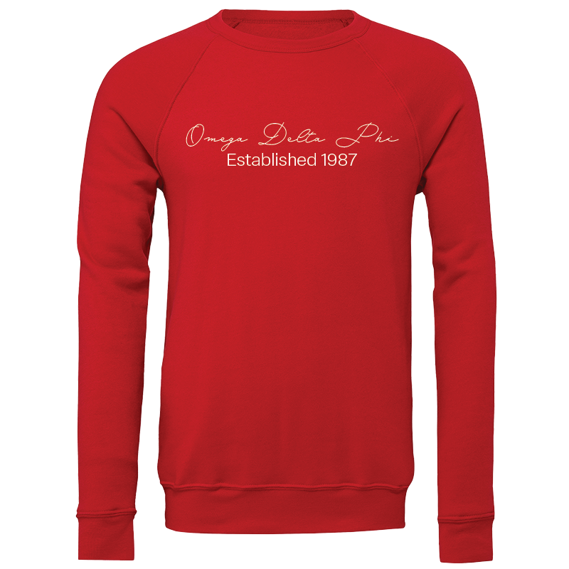 Omega Delta Phi Embroidered Scripted Name Crewneck Sweatshirts