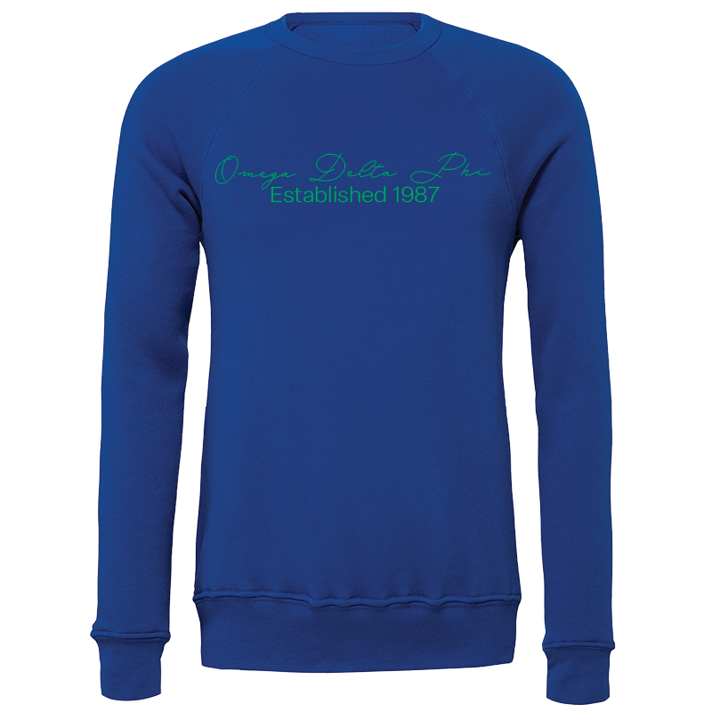 Omega Delta Phi Embroidered Scripted Name Crewneck Sweatshirts