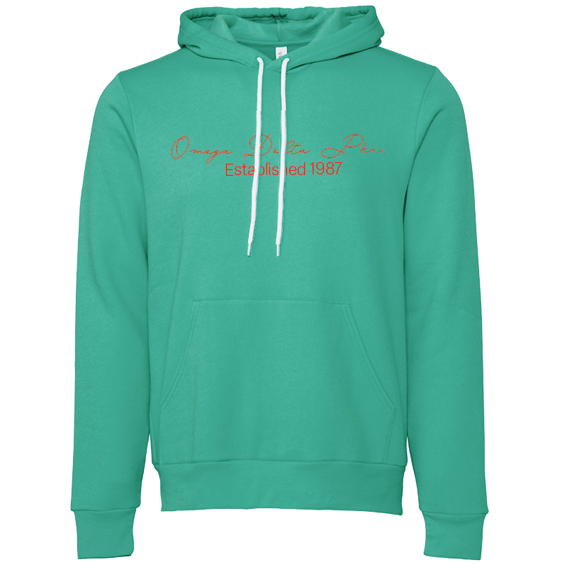 Omega Delta Phi Embroidered Scripted Name Hooded Sweatshirts