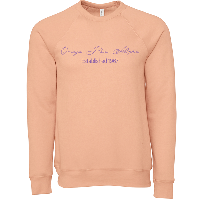 Omega Phi Alpha Embroidered Scripted Name Crewneck Sweatshirts
