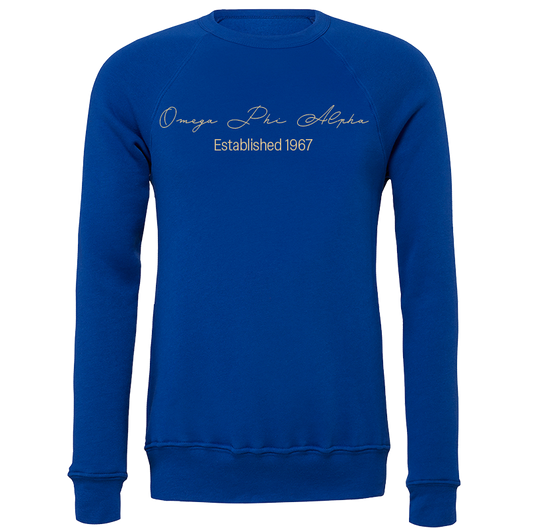 Omega Phi Alpha Embroidered Scripted Name Crewneck Sweatshirts