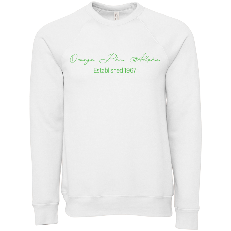 Omega Phi Alpha Embroidered Scripted Name Crewneck Sweatshirts