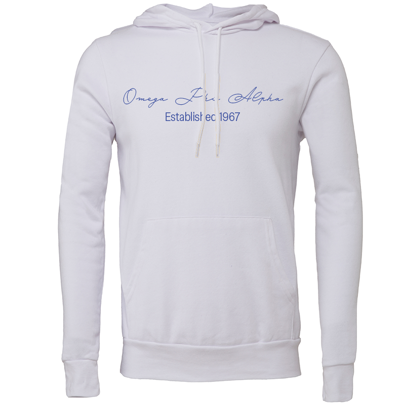 Omega Phi Alpha Embroidered Scripted Name Hooded Sweatshirts