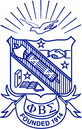 Phi Beta Sigma fraternity crest with a dove, books, and handshake on a white background