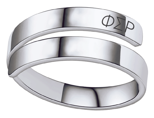 A polished silver open wrap ring with the Greek letters 'ΑΧΩ' engraved on the upper band, shown on a solid white background.
