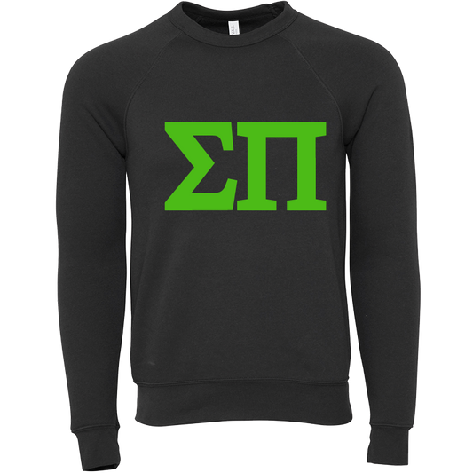 Black sweatshirt with green letters on a white background