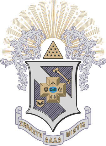 Coat of arms with decorative elements and text on a white background