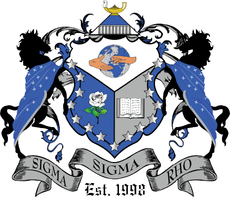 Sigma Rho fraternity crest with two lions, a globe, and a rose on a white background.