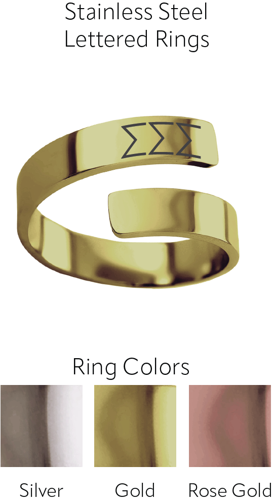 A polished stainless steel lettered ring with the Greek letters Sigma Sigma Sigma engraved, shown on a white background with text reading 'Stainless Steel Lettered Rings' and a 'Ring Colors' swatch bar below showing Silver, Gold, and Rose Gold.