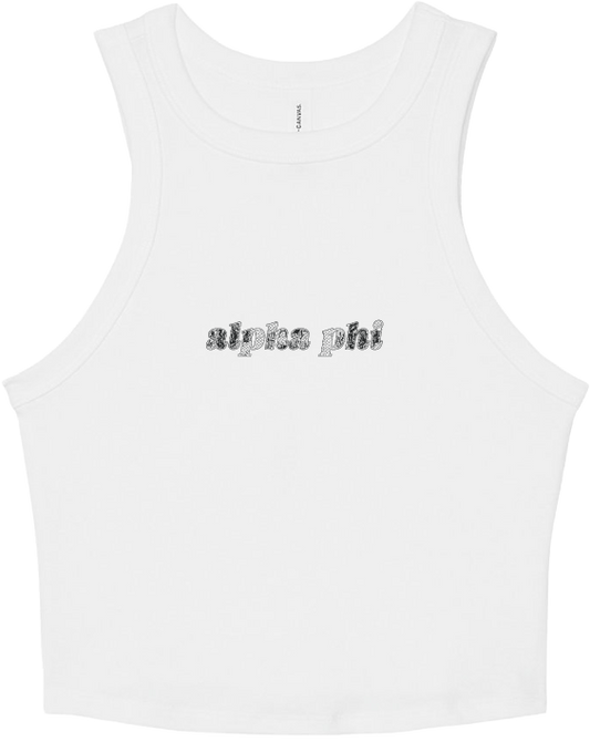 A white sleeveless tank top with 'alpha phi' printed across the chest in a textured, distressed gray font, displayed on a solid white background.