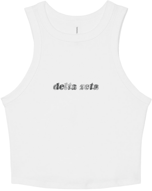 A white sleeveless tank top with the text 'delia zeta' printed across the chest in a textured, metallic-looking gray font, shown on a plain white background.