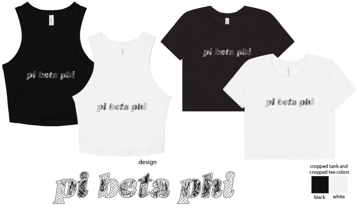 Four custom apparel mockups showing the 'pi beta phi' logo printed on black cropped tank tops and white short-sleeve and cropped tee designs, with a color legend and logo pattern details at the bottom.