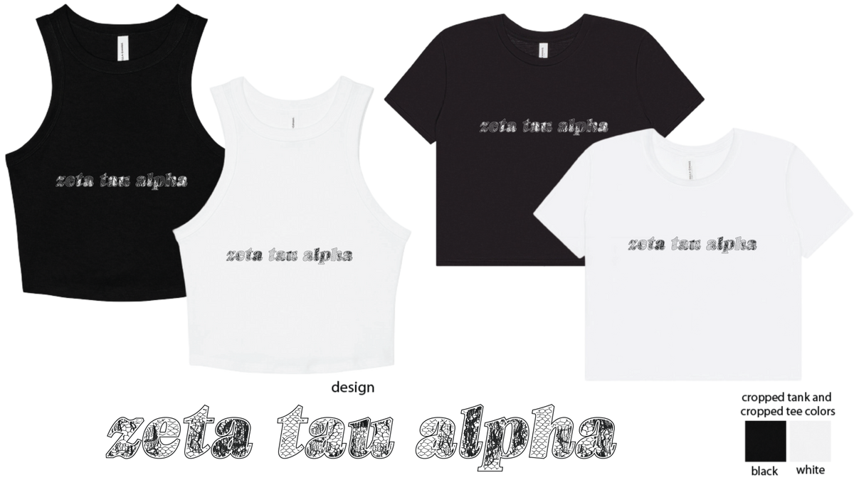 Zeta Tau Alpha lace style text tops