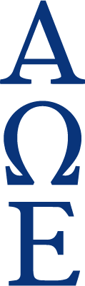 Blue letters A, Omega, and E on a white background