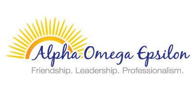 Alpha Omega Epsilon fraternity logo with sun design and values on a white background