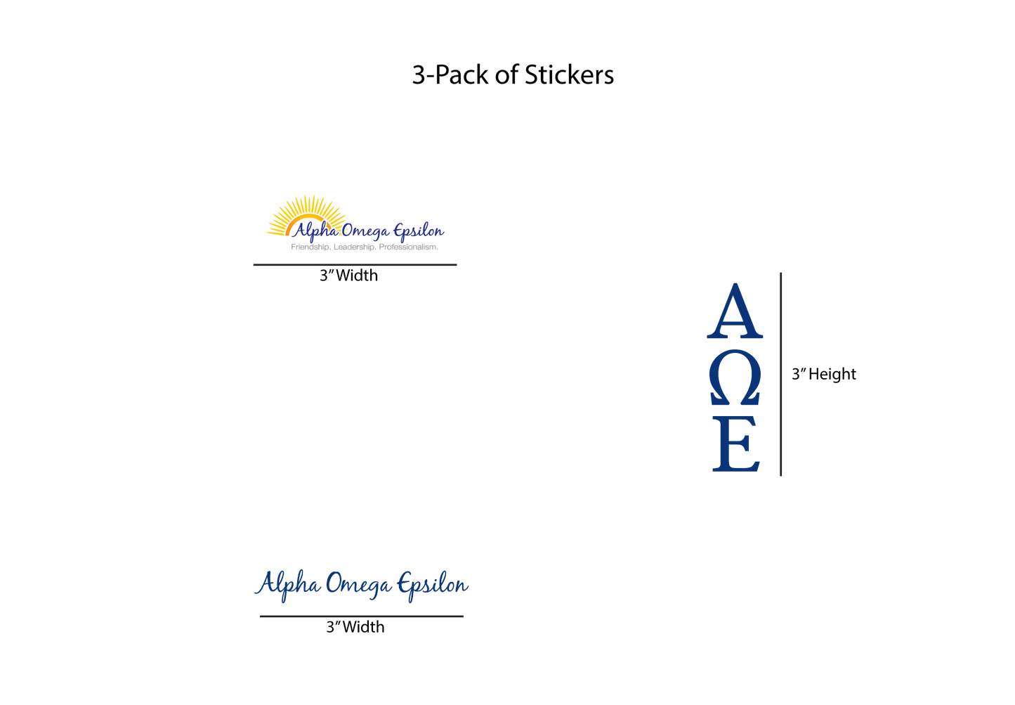 Packaging for a 3-pack of Alpha Omega Epsilon stickers with dimensions on a white background.
