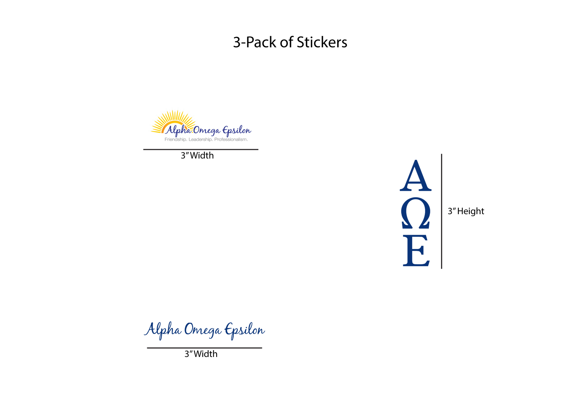 Packaging for a 3-pack of Alpha Omega Epsilon stickers with dimensions on a white background.