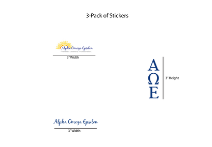 Packaging for a 3-pack of Alpha Omega Epsilon stickers with dimensions on a white background.