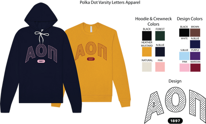 Alpha Omicron Pi polka dot hoodie and crew neck options
