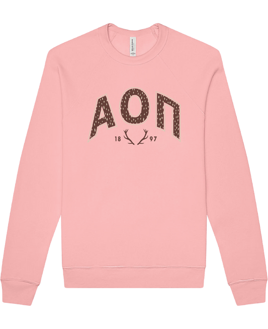 Alpha Omicron Pi Fawn Print Varsity Crewneck