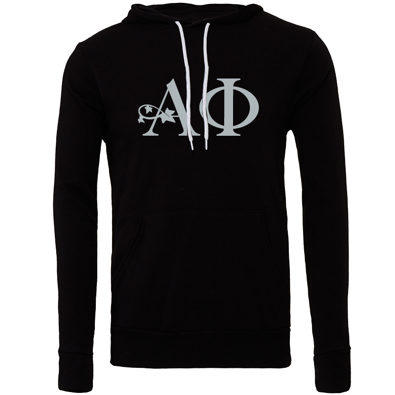 Black hoodie with white logo on a white background