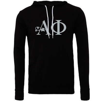 Black hoodie with white logo on a white background