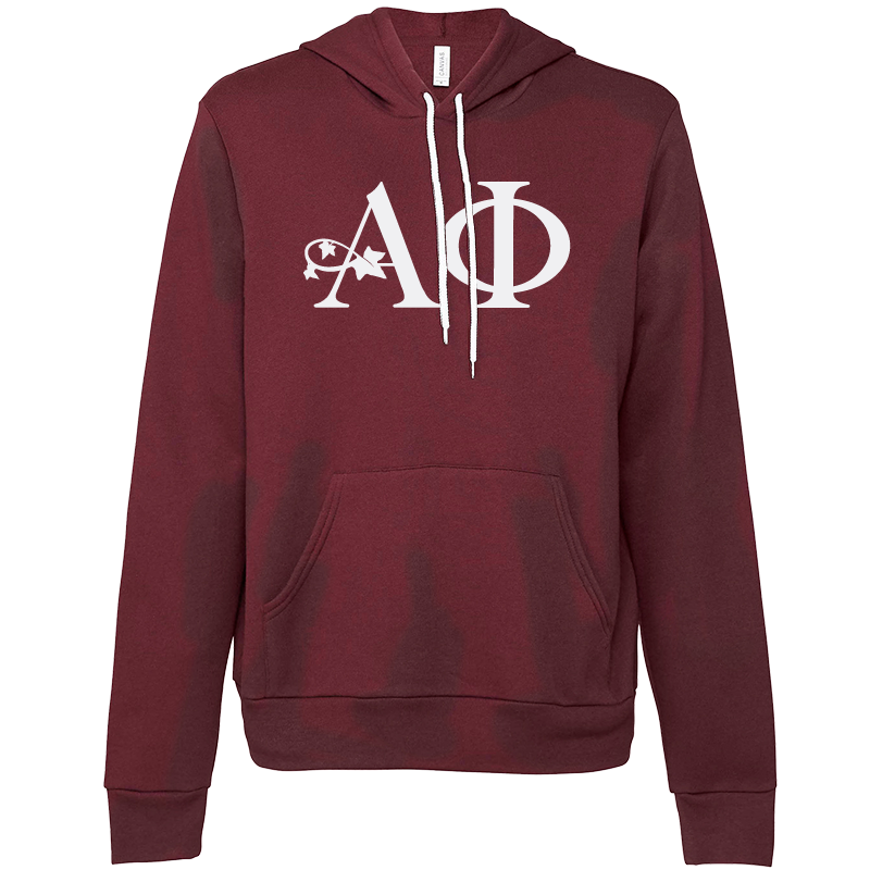 Maroon hoodie with white 'A Phi' logo on a white background