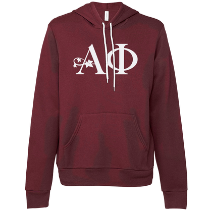 Maroon hoodie with white 'A Phi' logo on a white background
