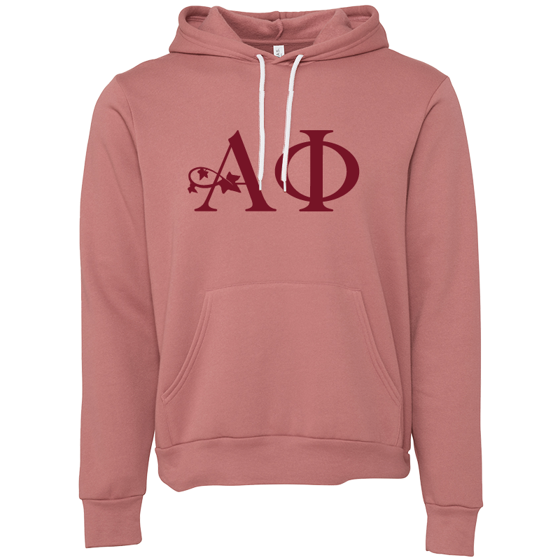Mauve hoodie with red letters on a white background