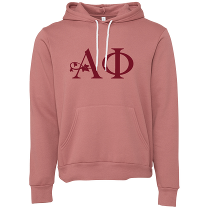 Mauve hoodie with red letters on a white background