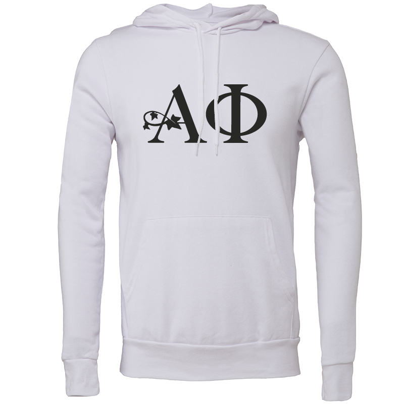 White hoodie with black lettering on a white background