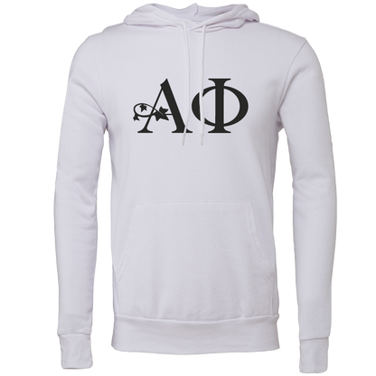 White hoodie with black lettering on a white background