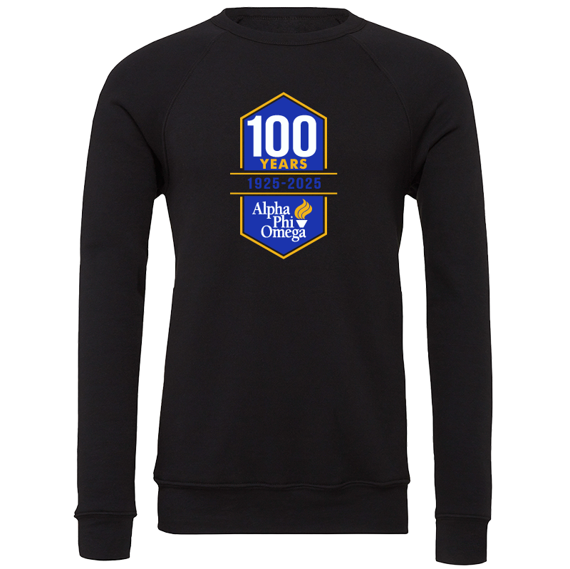 Black sweatshirt with a blue and yellow logo celebrating 100 years of Alpha Phi Omega on a white background.