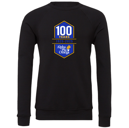 Black sweatshirt with a blue and yellow logo celebrating 100 years of Alpha Phi Omega on a white background.