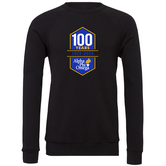 Black sweatshirt with a blue and yellow logo celebrating 100 years of Alpha Phi Omega on a white background.
