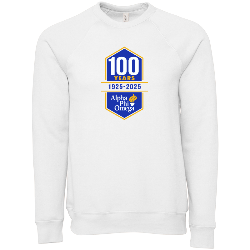 White sweatshirt with a blue and yellow logo celebrating 100 years of Alpha Phi Omega on a white background.