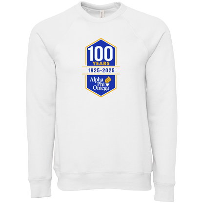 White sweatshirt with a blue and yellow logo celebrating 100 years of Alpha Phi Omega on a white background.