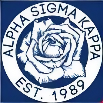 Alpha Sigma Kappa logo with a rose in the center on a blue background