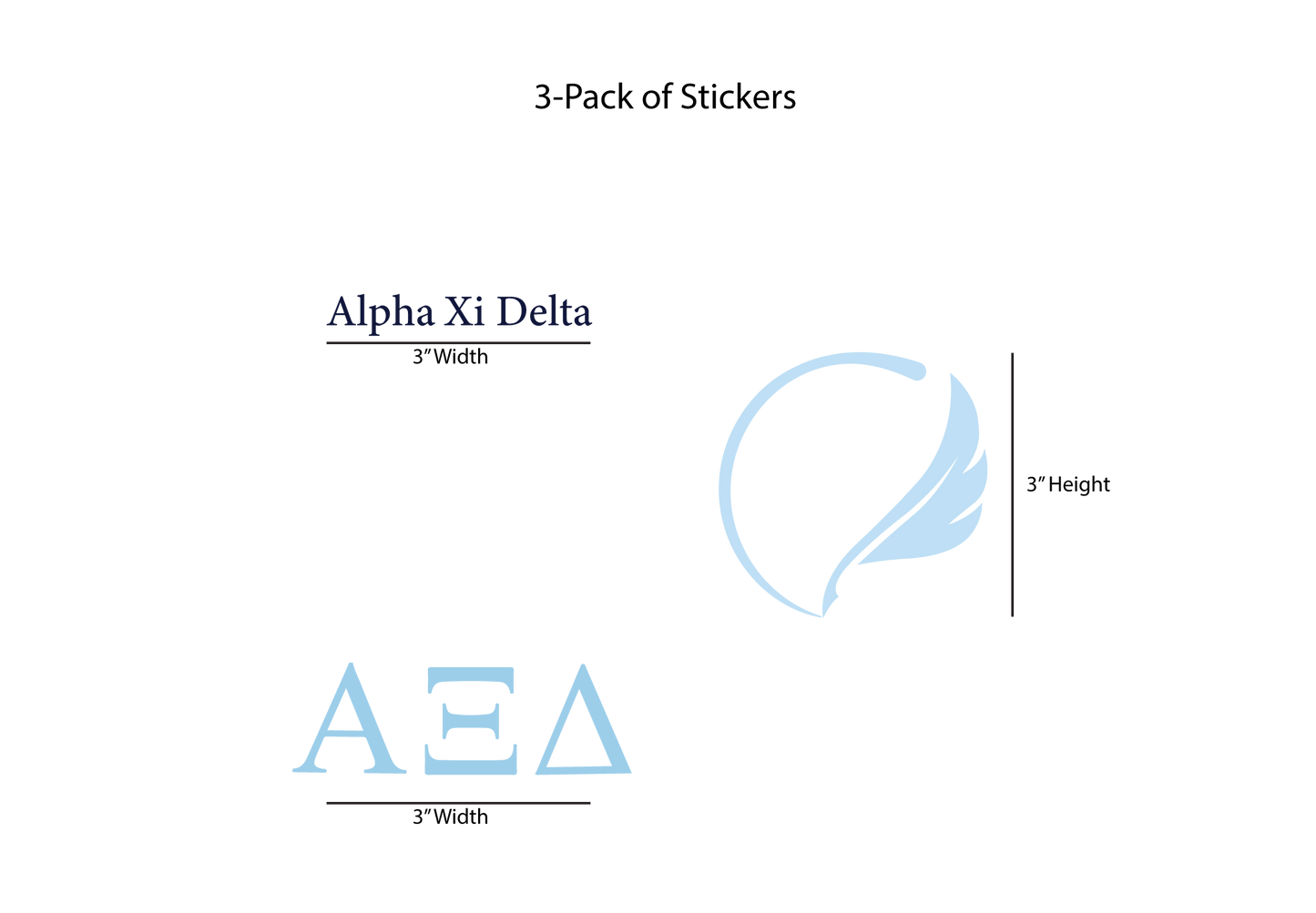 Packaging for Alpha Xi Delta stickers with dimensions on a white background