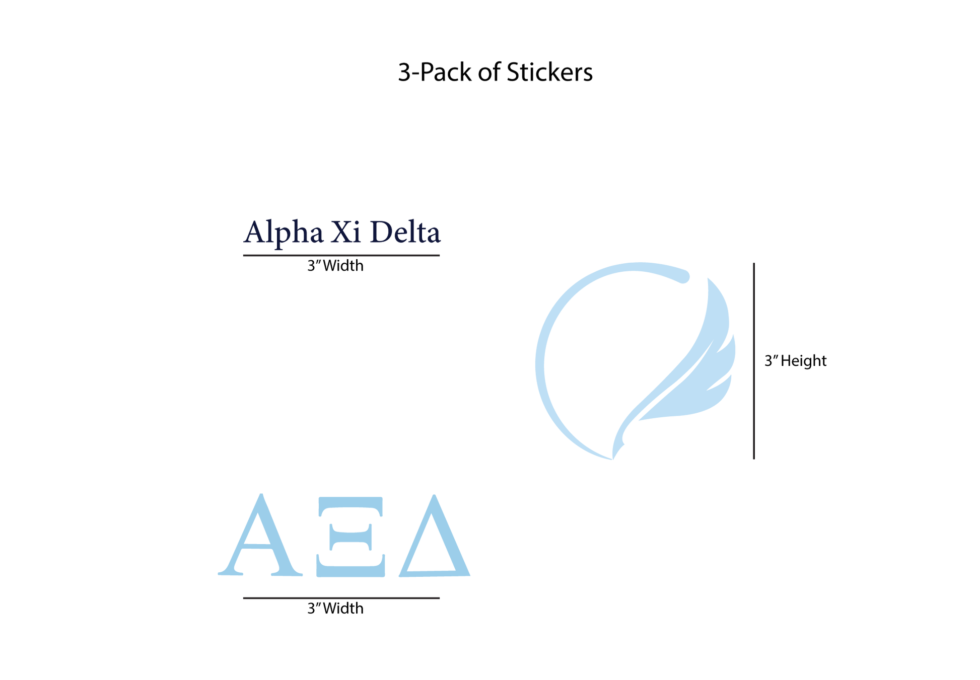 Packaging for Alpha Xi Delta stickers with dimensions on a white background